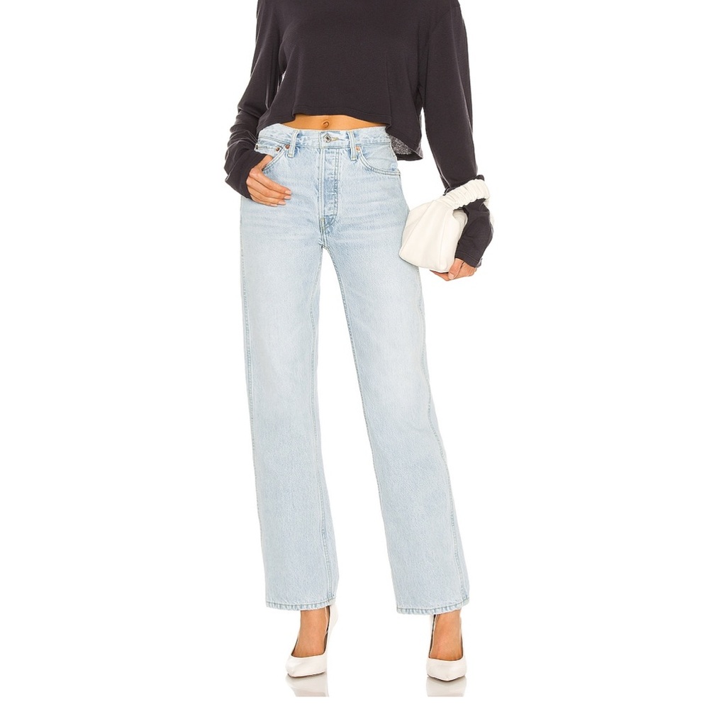 Re/done loose high rise denim. Light wash. 100% cotton no stretch